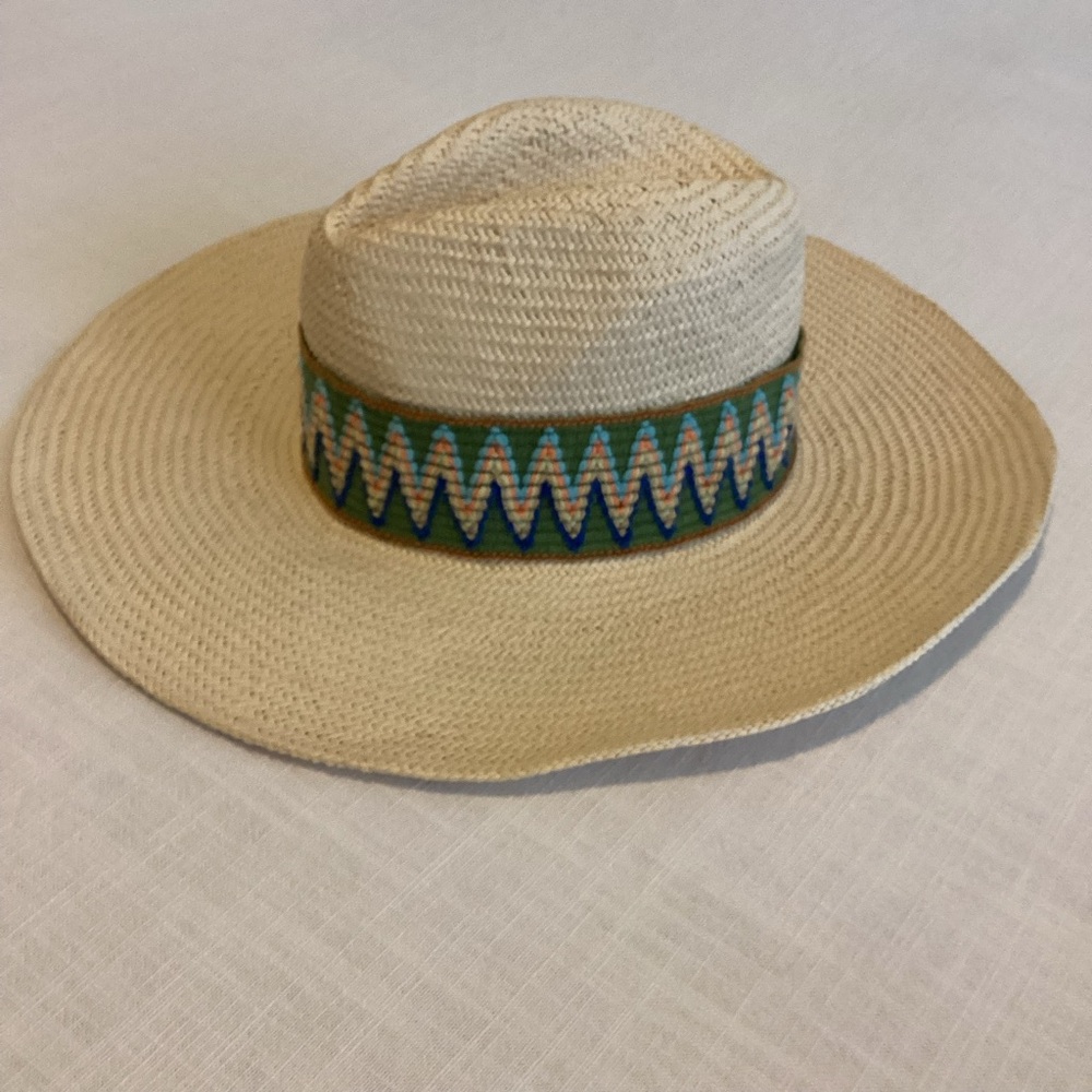 Tori Brown Straw Panama Hat Wide Brim Chevron Zig Zag Band